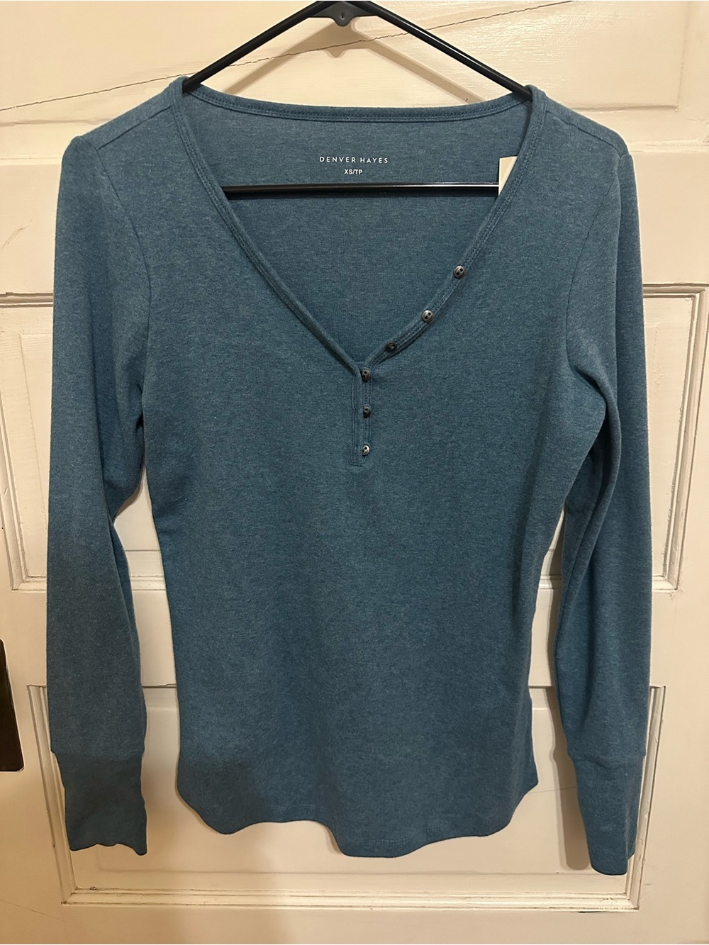 Denver Hayes Henley V-Neck Long Sleeve Everyday Tee Slate Blue Heather Cotton
